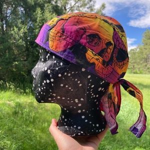 Pugs colorful skull pattern skullcap. Built-in sweatband, 100% cotton.